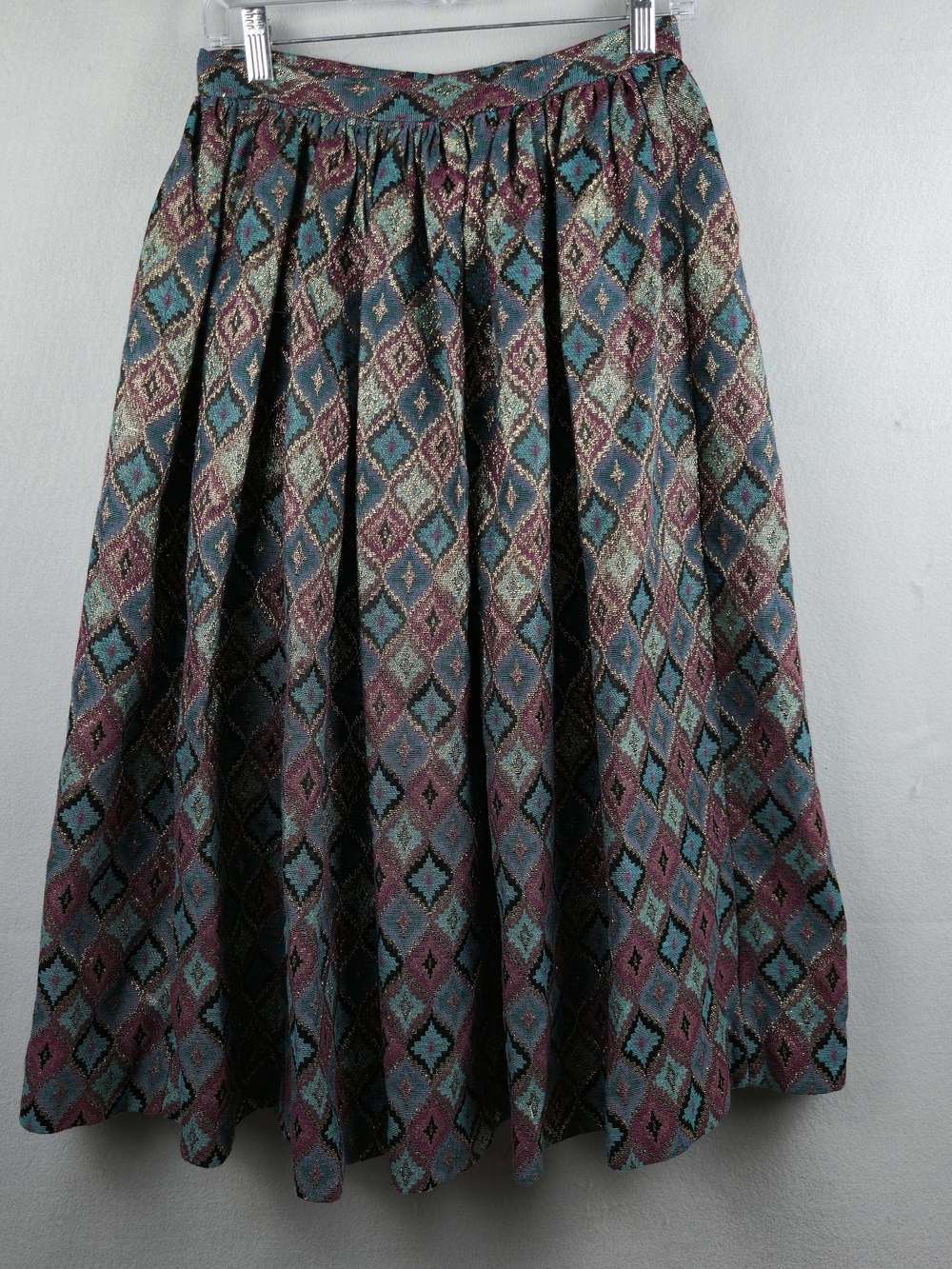 Vintage 70s Metallic Diamond Brocade Midi Skirt 26